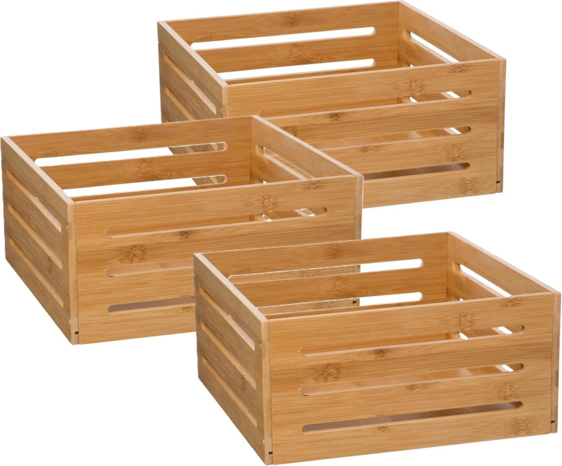 5Five Caisses de rangement - 3x - structure ouverte - brun clair - bois - L31 x l31 x H15 cm - Décoration maison et jardin - Caisses / coffrets