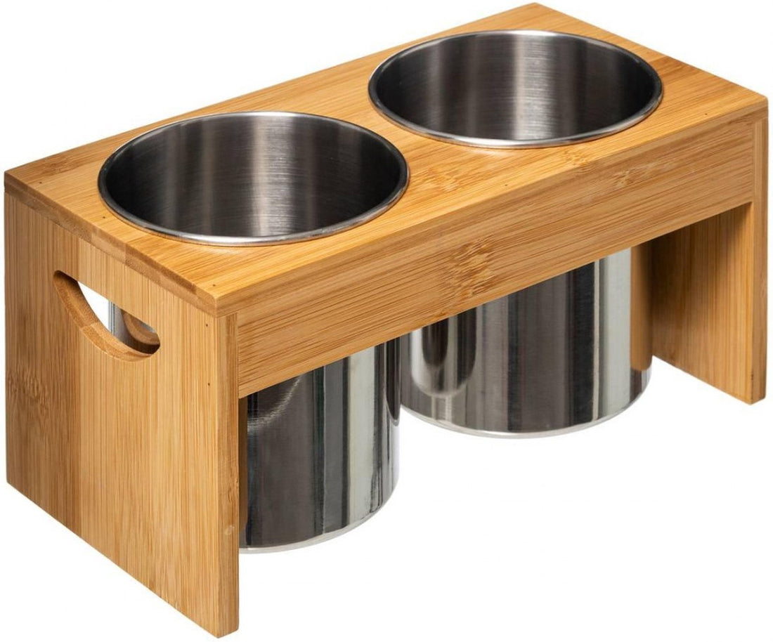 Bamboe houder met 2 RVS bakjes – opbergen voor keukengerei, 23 x 12 x 12 cm