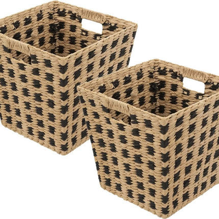 Gevlochten rieten opbergmand - 2x - vierkant - beige/zwart - 31x31x31 cm - Kast-/badkamer mandjes