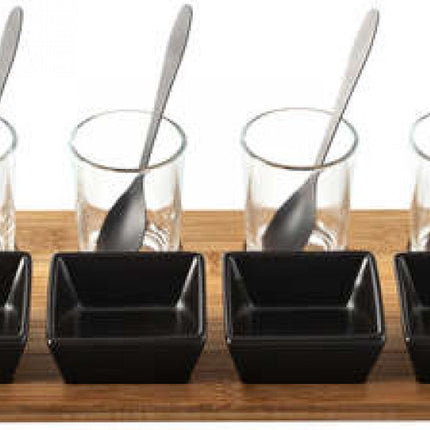 13 delig aperitiefset - glas - bamboe - porselein - lepeltjes