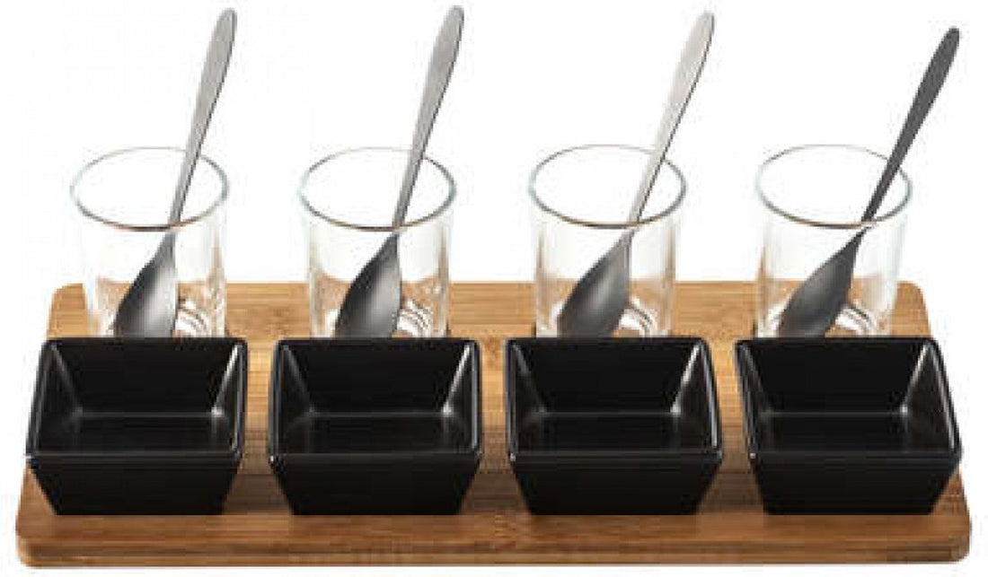 13 delig aperitiefset - glas - bamboe - porselein - lepeltjes