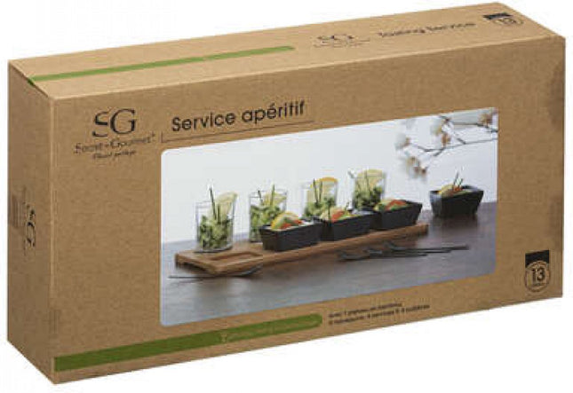 13 delig aperitiefset - glas - bamboe - porselein - lepeltjes