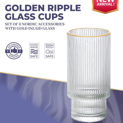 Ripple longdrinkglazen - Goude rand - 6 Delig Set -295 ml - Stapelbaar
