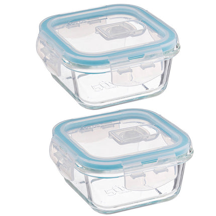 Set van 2 Kristalglas Lunchboxen – 330 ml Vershoudbakjes met Lichtblauw Randje – Glazen Lunchbox voor Salade, Snacks of Meal Prep – 12 x 12 x 6,5 cm