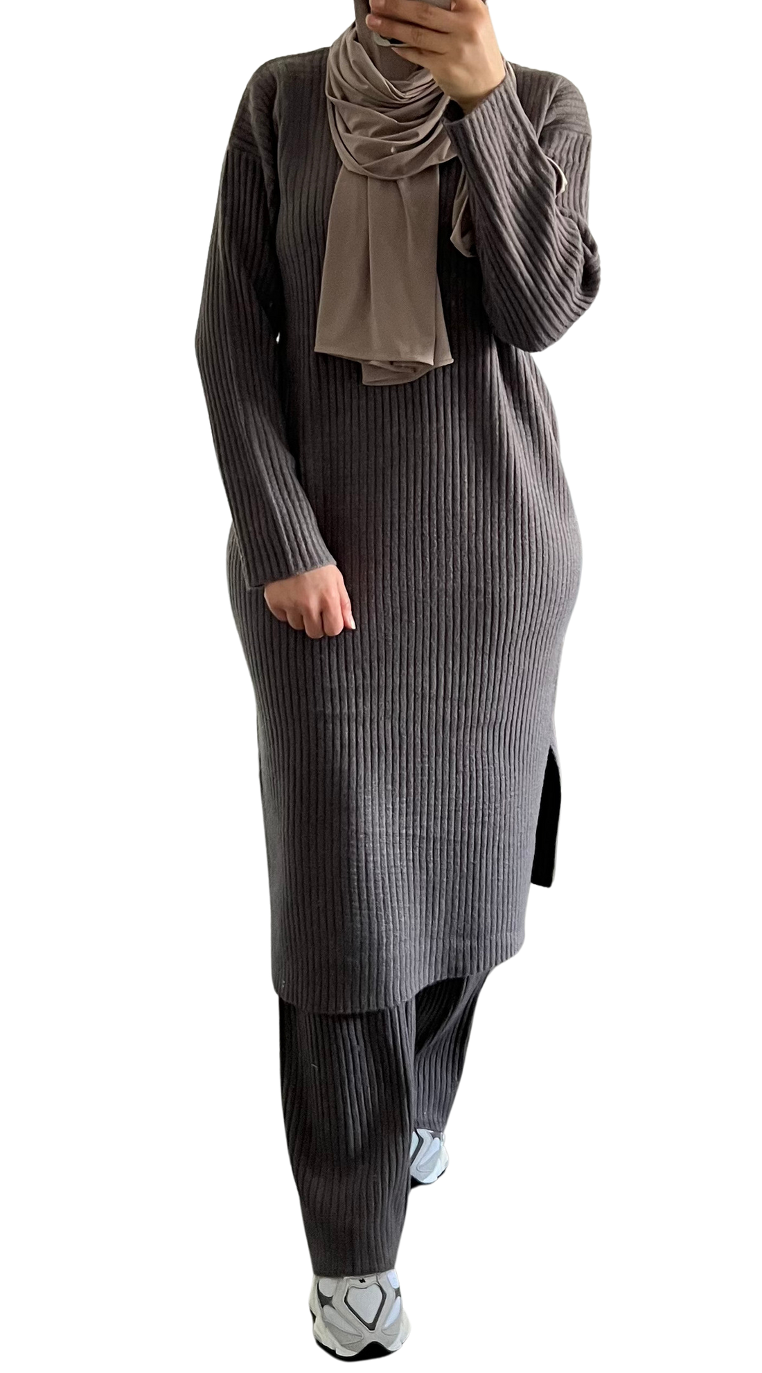 Lisa twinset – ribgebreide midi-jurk met wide leg broek, grijs of antraciet – foto 6