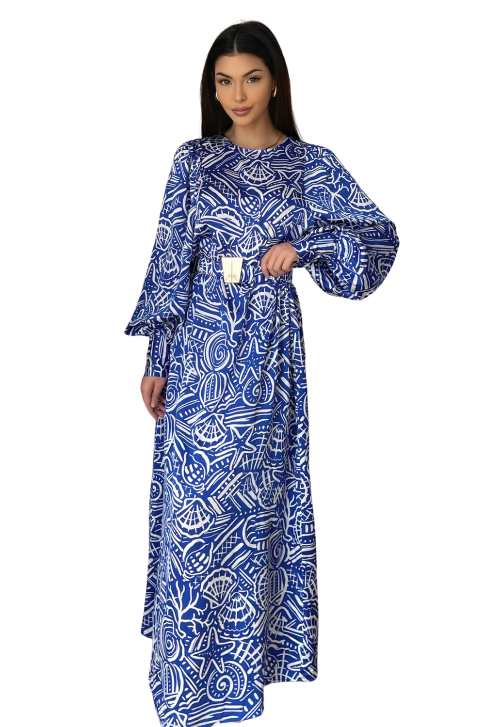 Liora Dress – lange zomerjurk met print, 143 cm, in blauw of groen – foto 4