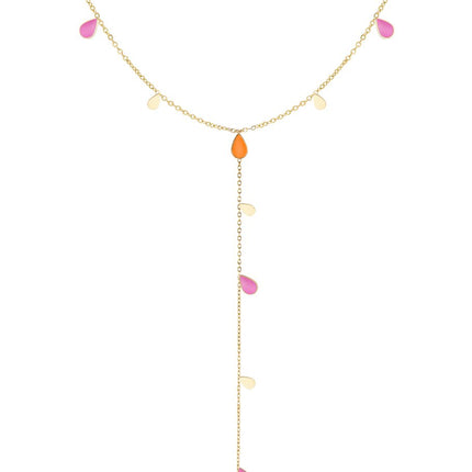 Lange Emaille Druppel Ketting – Goudkleurig met Oranje / Roze Druppels – 45 cm (+5 cm Verstelbaar) – Roestvrijstaal