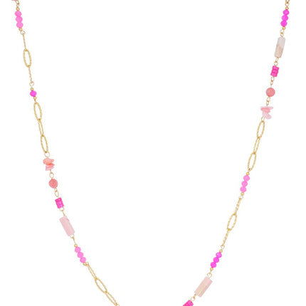 Lange Ketting met Roze en Paarse Steentjes – Goudkleurig – 90 cm – Verkleurt Niet (Kristal & RVS)