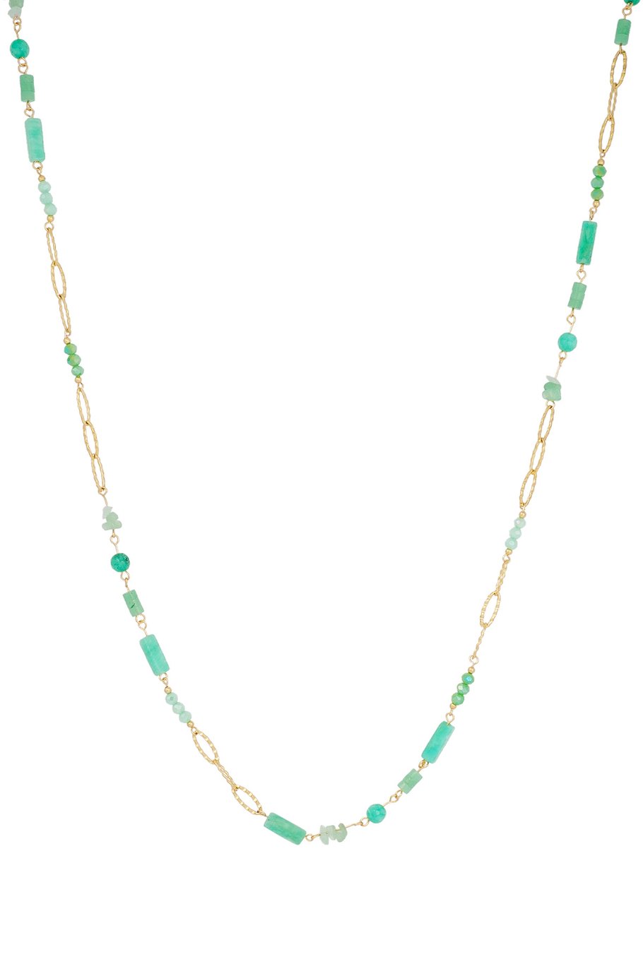 Lange ketting met groene steentjes – goudkleurig, 90 cm, RVS en kristal