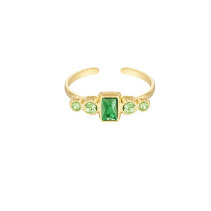 Gouden Ring met Groene Strass Steen – Stainless Steel Sieraad – One Size Adjustable – Stijlvolle Statement Ring – Groen & Goud