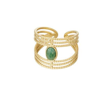 Gouden Ring met Groene Steen – Stainless Steel Sieraden – One Size – Chique Statement Ring – Groen & Goud – Laagjes Design