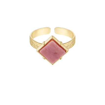 Goudkleurige Open Ring – Roze Ruitvormige Steen – Roestvrijstaal (RVS) – One Size