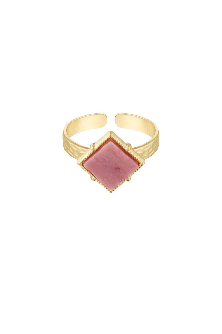 Goudkleurige open ring met roze ruitvormige steen – RVS, one size