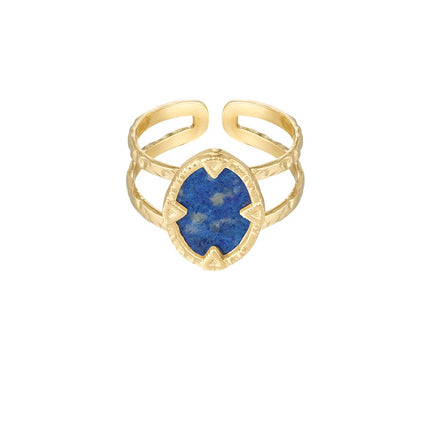 Gouden Ring met Blauwe Steen - Natuursteen – Trendy Stainless Steel Sieraad – One Size Verstelbaar – Chique Ring –