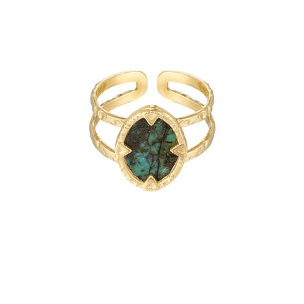 Gouden Ring met Groene Steen - Natuursteen – Trendy Stainless Steel Sieraad – One Size Verstelbaar – Chique Ring –