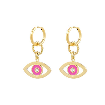 Set van 2 Oorbellen Eye Design - Goudkleurig met Roze Enamel & Zilver Strass Steentjes - 1,8 x 3,0 cm