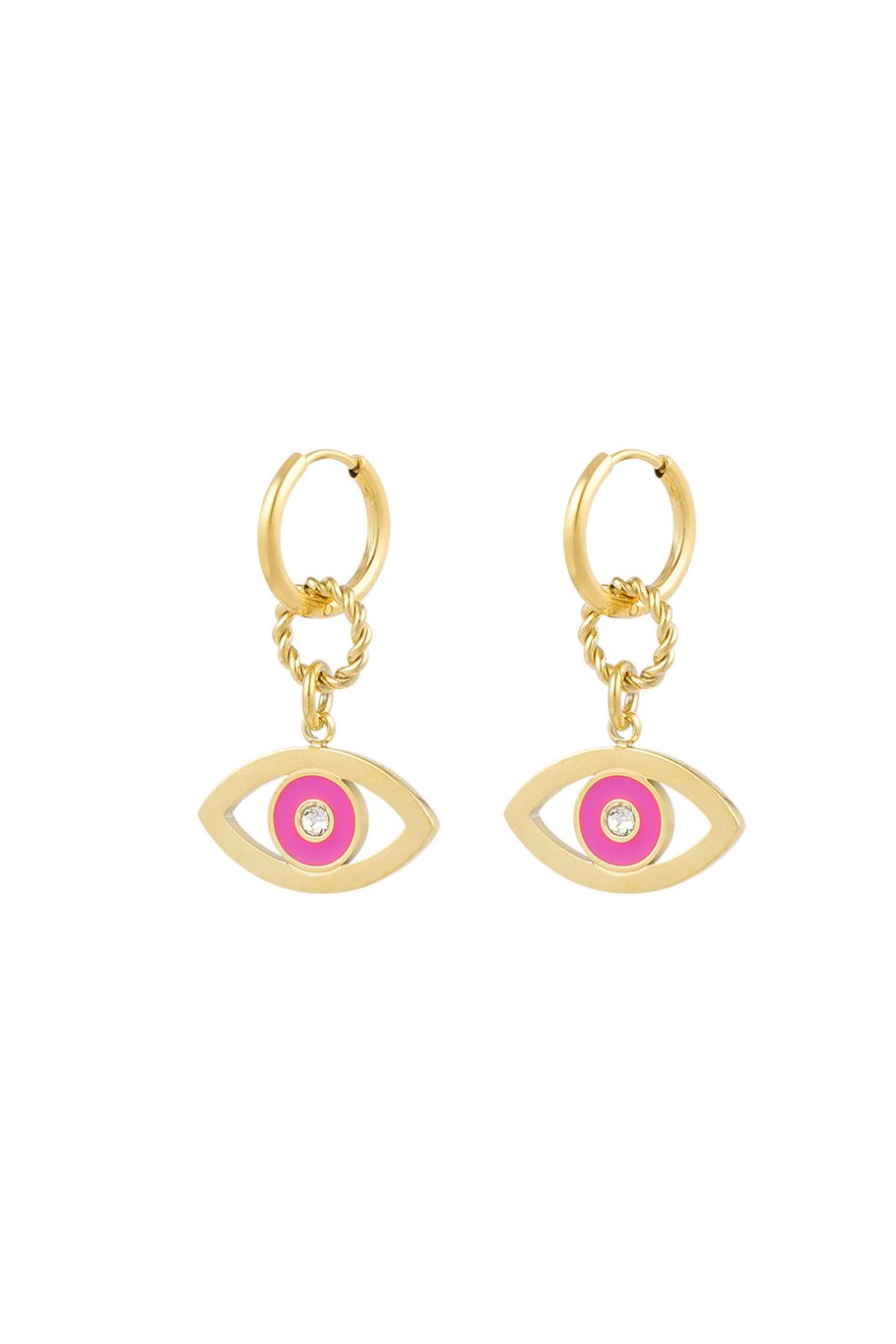 Oorbellen eye design, set van 2 – goudkleurig met roze enamel en strass