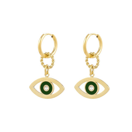 Set van 2 Oorbellen Eye Design - Goudkleurig met Groen Enamel & Zilver Strass Steentjes - 1,8 x 3,0 cm