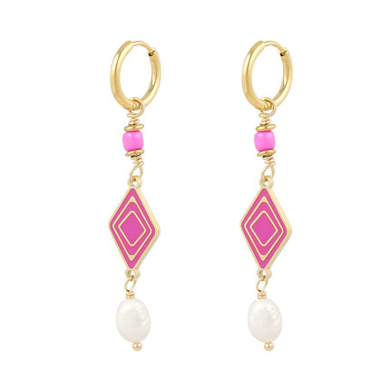 Set van 2 Oorbellen - Goudkleurige Ruit met Roze Enamel & Parel - 1,5 x 5,5 cm