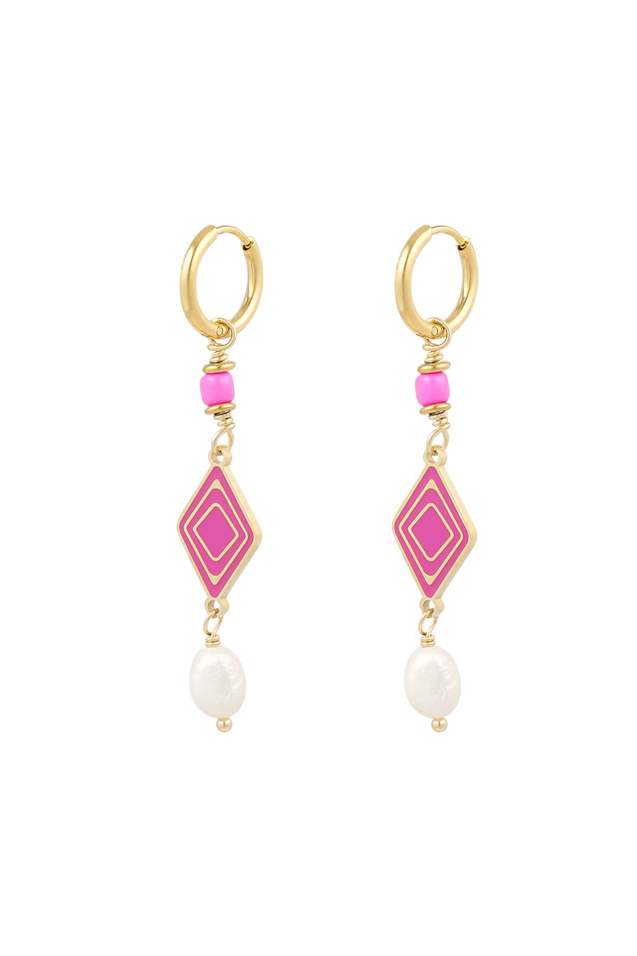 Set van 2 Oorbellen - Goudkleurige Ruit met Roze Enamel & Parel - 1, 5 x 5, 5 cm