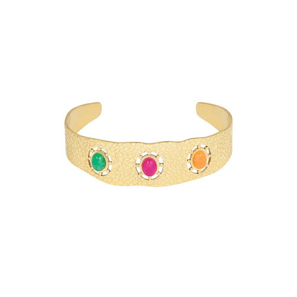 Bohemian Armband - Goudkleurig Stainless Steel met 3 Steentjes (Groen, Roze, Oranje) - 1,8 cm x 5 cm