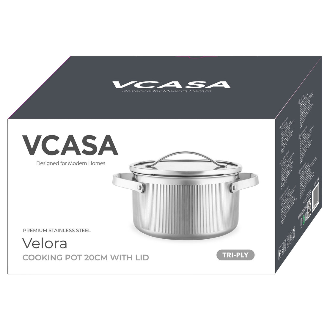 Vcasa kookpan 20 cm met afgietdeksel, 3 liter, 304 rvs tri-ply, Velora