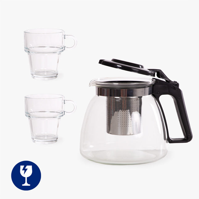 3-delig theepot van 900 ml en 2 glazen kpjes van 270 ml