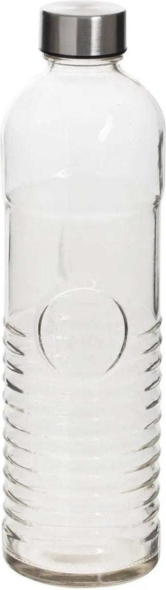 5Five glazen drinkfles 1 liter – ribbelglas met RVS schroefdop