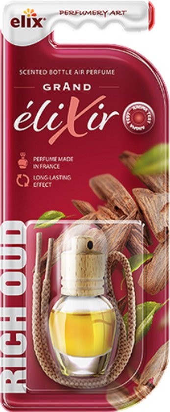 Elix - Auto Luchtverfrisser - Autoparfum - Houten Geurhanger - Interieur Parfum Auto - Luxe Air Freshener Flesje - Langdurig Effect - Geurhanger Auto & Huis - 8ml - Rich Oud