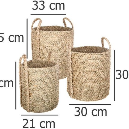 Ronde, hoge decoratieve manden met rieten handvatten, set van 3