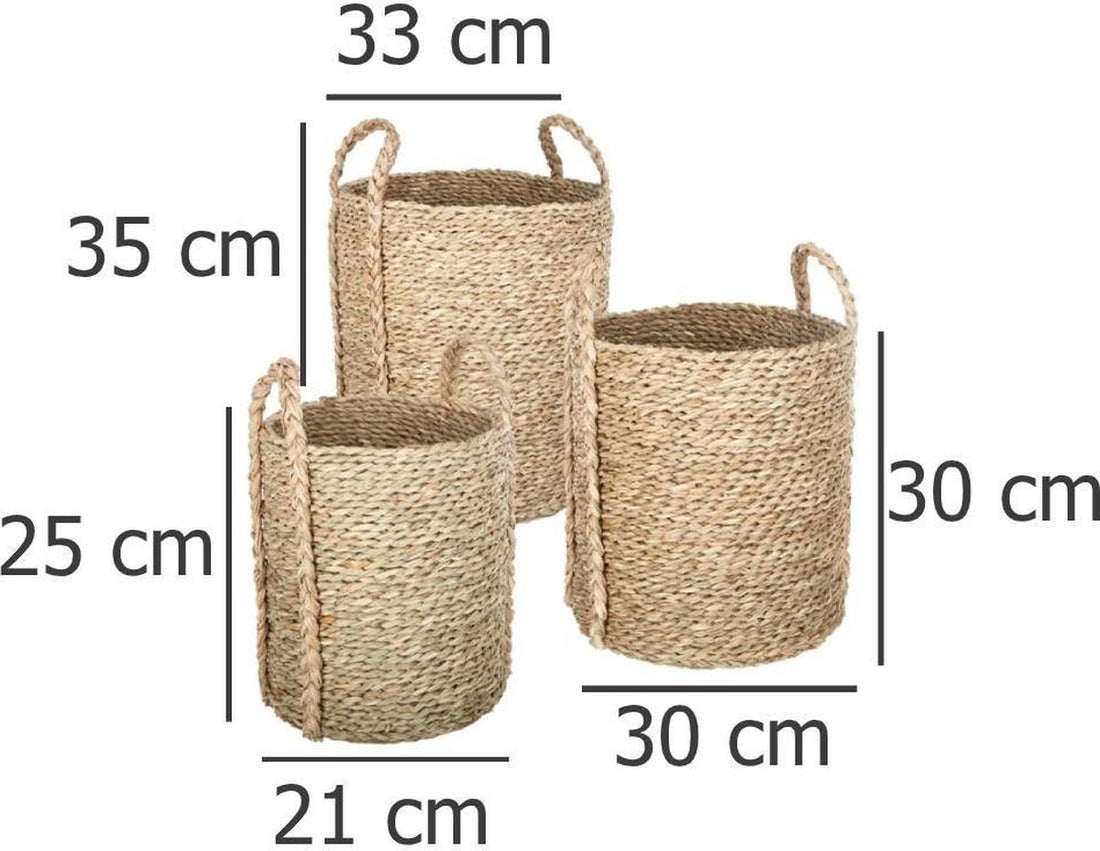 Round, tall decorative baskets with wicker handles, set of 3
