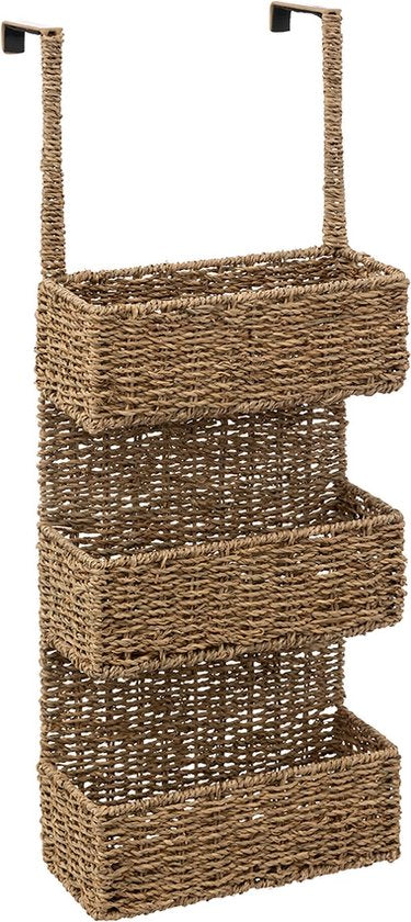 5Five Aufbewahrungskorb Türregal - 3 Körbe - Rattan - braun - 28 x 12 x 69 cm - Badezimmerschrank
