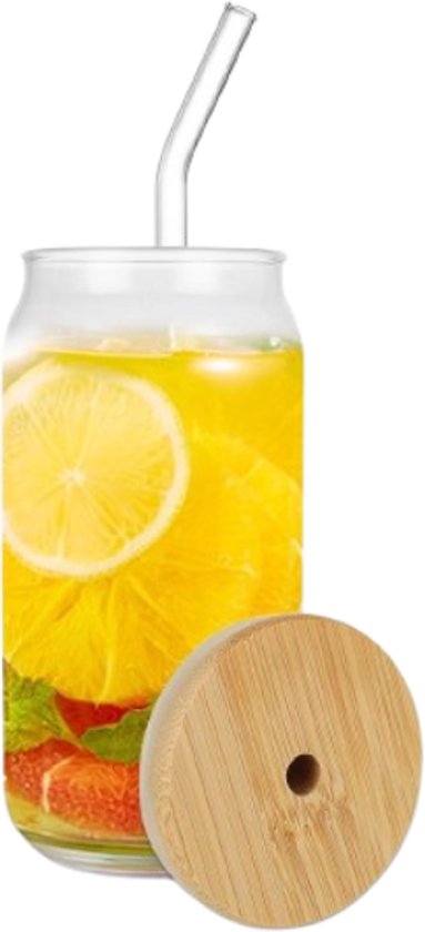 Drinkglas - Smoothie Glas - Ijskoffie Glas - Glas met Bamboe Deksel en Rietje - Herbruikbaar Drinkglas - 550ml - 16.1 x 7.7 cm - Transparant