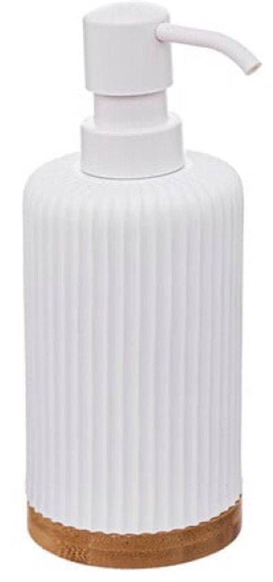 Badezimmer-Accessoires-Set – Moderne Badezimmer-Accessoires – Seifenspender & Zahnbürstenhalter-Set – Polyresin mit Bambus – Luxuriöser Seifenspender & Becher – Weiß