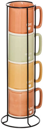 Secret de Gourmet Koffie mokken/bekers Earth - 4x stuks in metalen rekje - Keramiek - glans afwerking - 340 ml - 7 x 9 cm