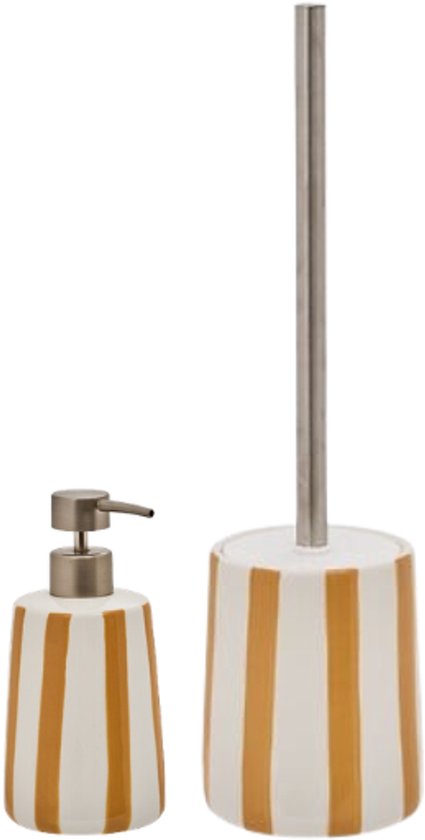 Badkameraccessoiresset – Stijlvolle Badkamer Accessoires – Strio Zeeppomp 17.3cm & Toiletborstel 39cm – Luxe Zeepdispenser & Toiletborstel met Houder – Keramisch Dolomiet – Geel