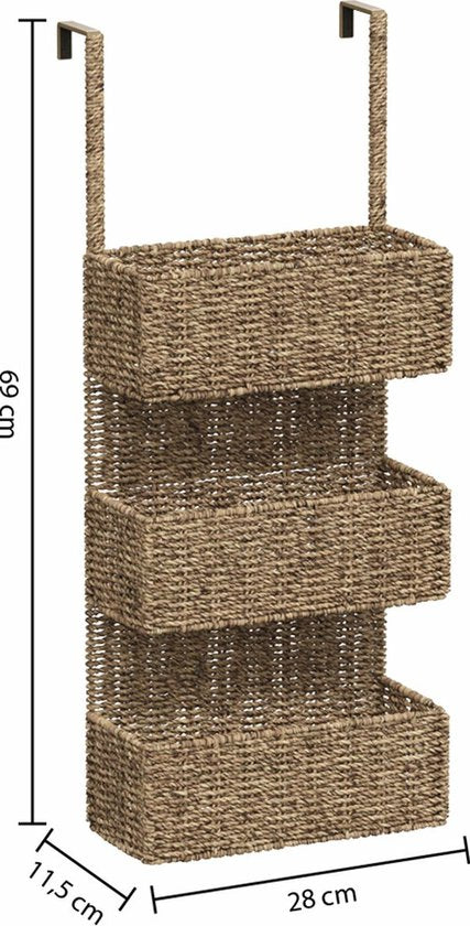 5Five Aufbewahrungskorb Türregal - 3 Körbe - Rattan - braun - 28 x 12 x 69 cm - Badezimmerschrank