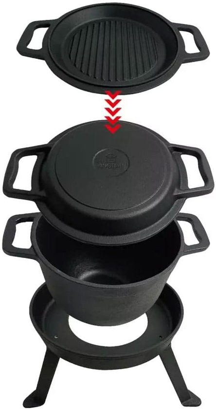 Kinghoff KH1732 - Gietijzeren Camping Kookset 3-in-1 (5L) - Grillpan, Deksel & Pan - Kookstel - Kamperen - Cookingset