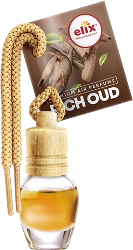 Elix - Auto Luchtverfrisser - Autoparfum - Houten Geurhanger - Interieur Parfum Auto - Luxe Air Freshener Flesje - Langdurig Effect - Geurhanger Auto & Huis - 8ml - Rich Oud