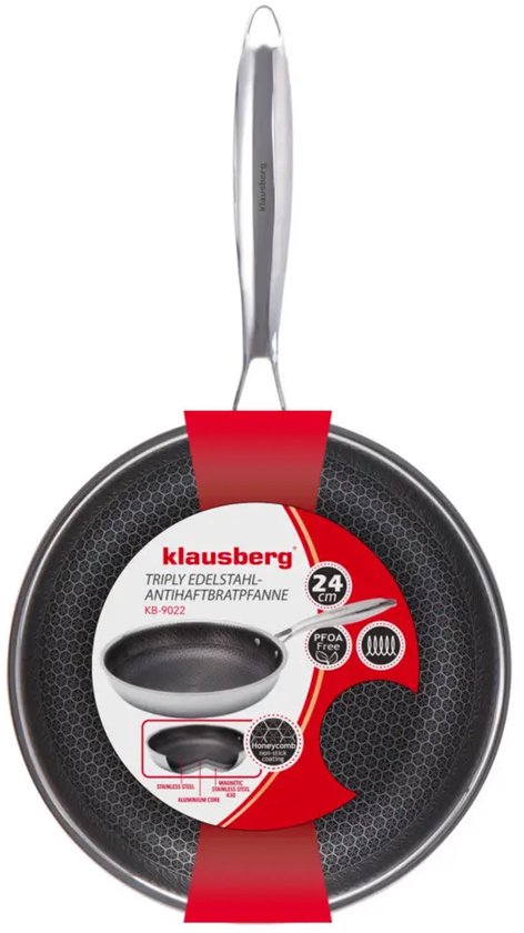 Klausberg 9022 - Koekenpan, antiaanbaklaag met honingraatstructuur - 24 cm - 3-laags - 304 roestvrij staal - PFOA-vrij