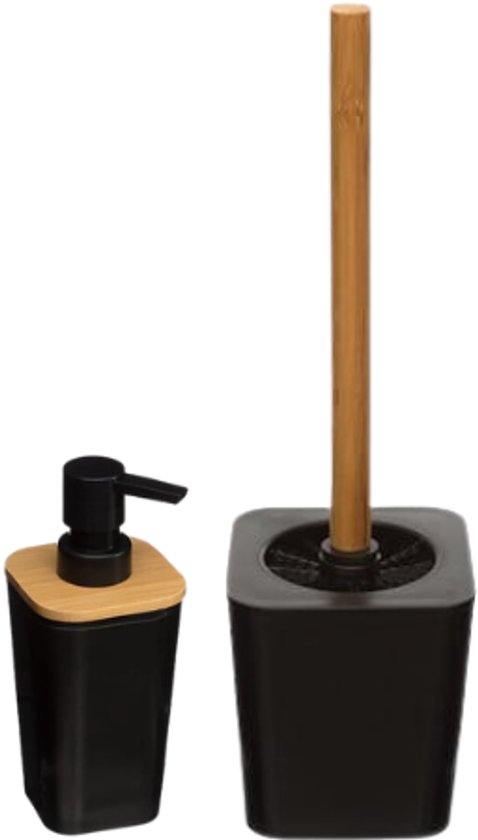 Natureo Badkameraccessoiresset - Badkamer Accessoires Set - Moderne Toilet Set - Luxe Badkamer Accessoires - Toiletborstel met Houder - Zeepdispenser 300ml - Bamboo/PS - Zwart