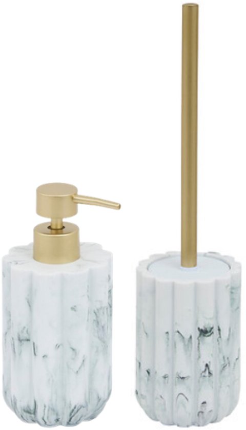 Badezimmer-Accessoireset – Moderne Badezimmer-Accessoires – Seifenspender 230 ml & WC-Bürstengarnitur – Luxuriöser Seifenspender & WC-Bürste mit Halter – Polyresin – Weißer Marmor