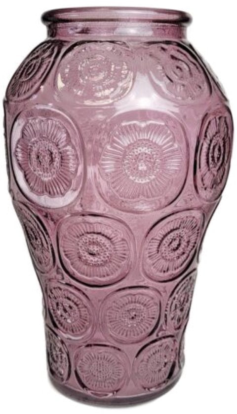 MPLCo - Bloemenvaas - Vaas - Glazen Vaas - Bloemenvaas met Reliëf Bloemenpatroon - Decoratieve Vaas voor Verse & Droogbloemen - Ø9.5 x 24 cm - Transparant Paars