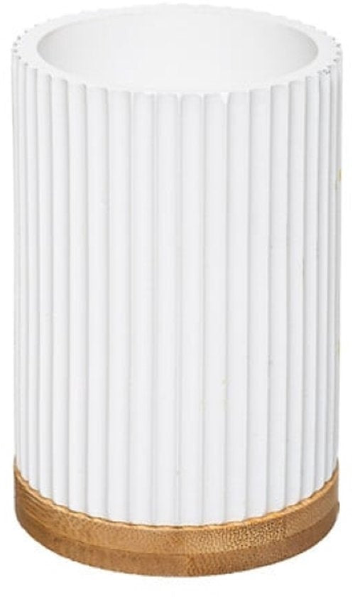 Badezimmer-Accessoires-Set – Moderne Badezimmer-Accessoires – Seifenspender & Zahnbürstenhalter-Set – Polyresin mit Bambus – Luxuriöser Seifenspender & Becher – Weiß