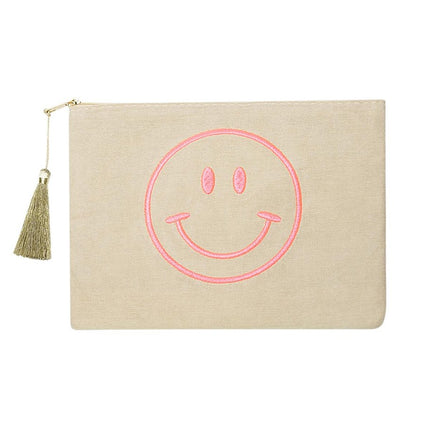 Smiley Make-up Tas - Beige & Roze Katoen Cosmetic Tasje (22x16 cm) - Met Kwastje & Borduursel - Ideaal voor Make-up, Sieraden of Reisaccessoires