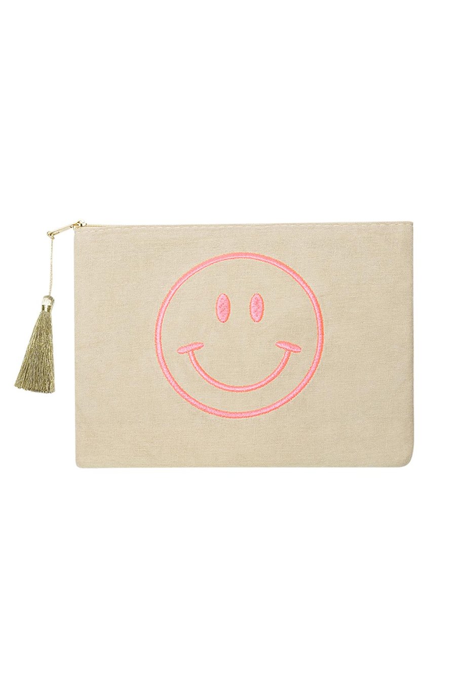 Smiley Make-up Tas - Beige & Roze Katoen Cosmetic Tasje (22 x 16 cm) - Met Kwastje & Borduursel - Ideaal voor Make-up, Sieraden of Reisaccessoires