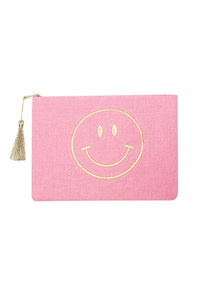 Smiley Make-up Tas - Roze Katoen Cosmetic Tasje (22x16 cm) - Met Kwastje & Borduursel - Ideaal voor Make-up, Sieraden of Reisaccessoires