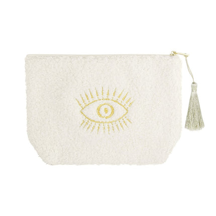Make-up Tas met Gouden Oog – Wit Toilettas – 19,5x13,5x5,5 cm – Polyester – Sieradentas of Schminktas – Met Rits – Uniek Cadeau