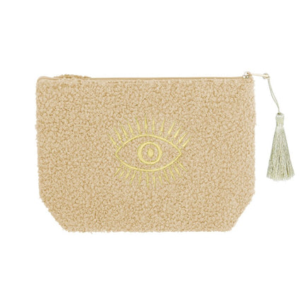 Make-up Tas met Gouden Oog – Beige Toilettas – 19,5x13,5x5,5 cm – Polyester – Sieradentas of Schminktas – Met Rits – Uniek Cadeau
