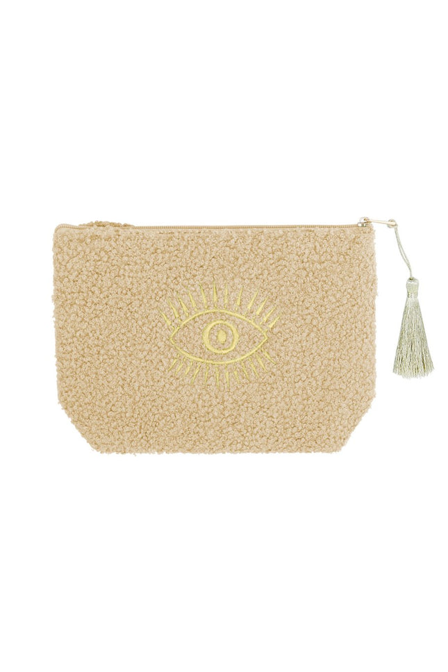Make-up Tas met Gouden Oog – Beige Toilettas – 19,5x13,5x5,5 cm – Polyester – Sieradentas of Schminktas – Met Rits – Uniek Cadeau